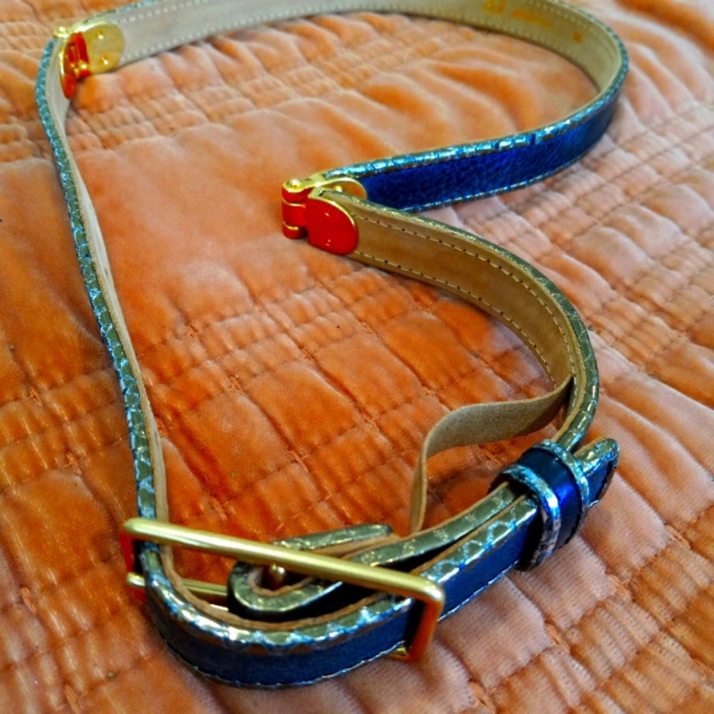 3.1 Phillip Lim Blue Leather Belt with Gold Hardware and Red Accents